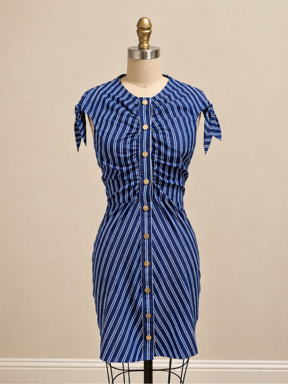 Derek Lam 10 Crosby Striped Blue Button-Front Tie-Sleeve Dress Size 0